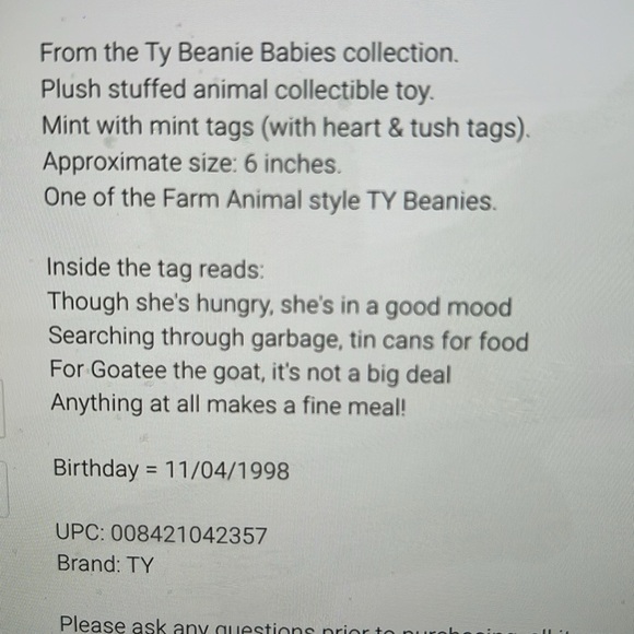 TY Beanie Baby - GOATEE the Goat - Picture 8 of 8